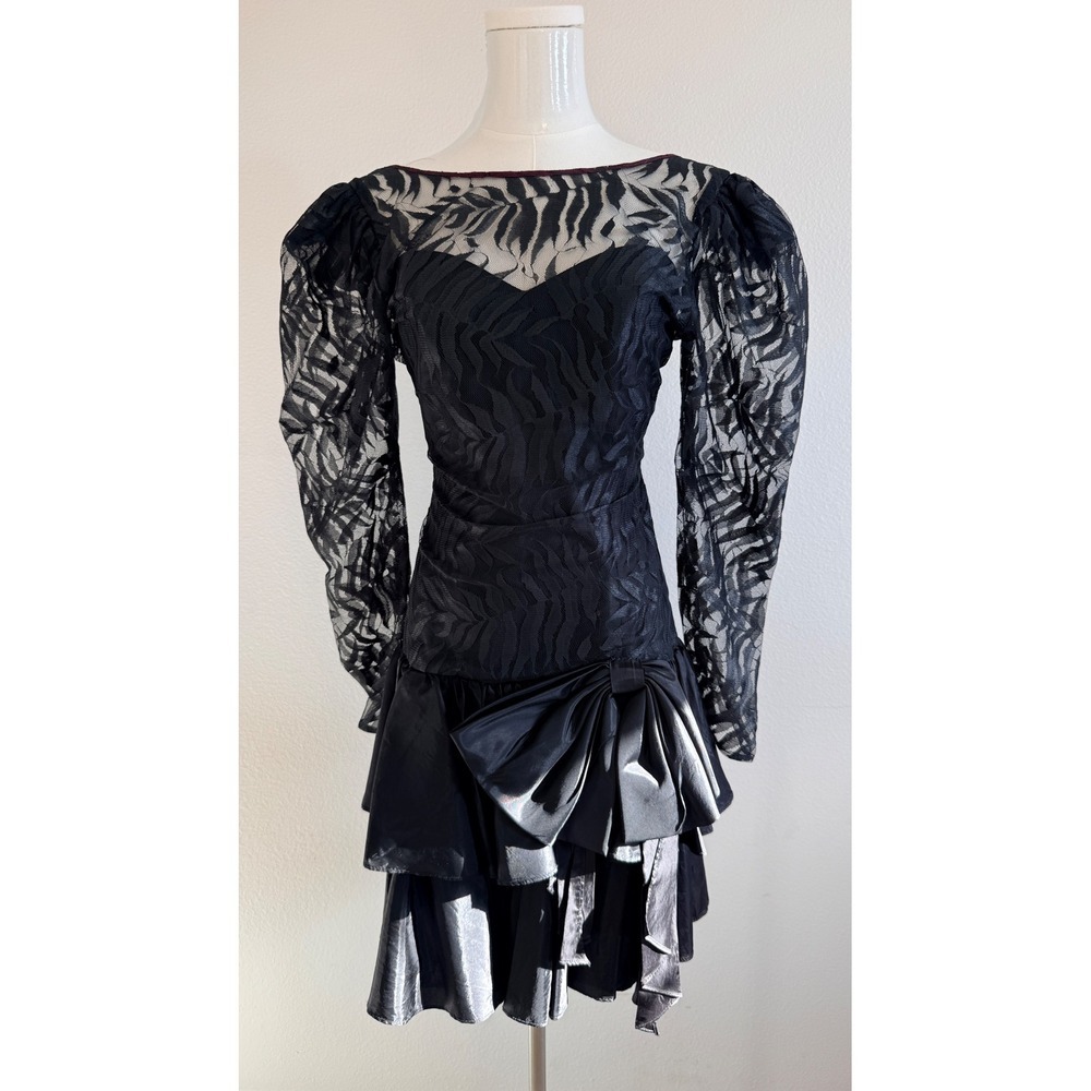 Contempo Casuals Vintage 80s Black Lace Taffeta Bow Dress Sz S Goth Whimsigoth
